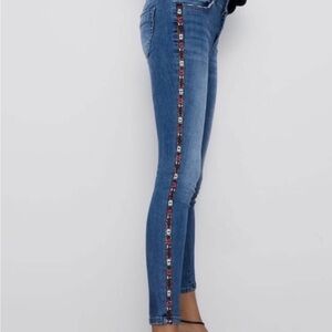 ZARA // Blue Skinny Jeans with Red Embroidery
